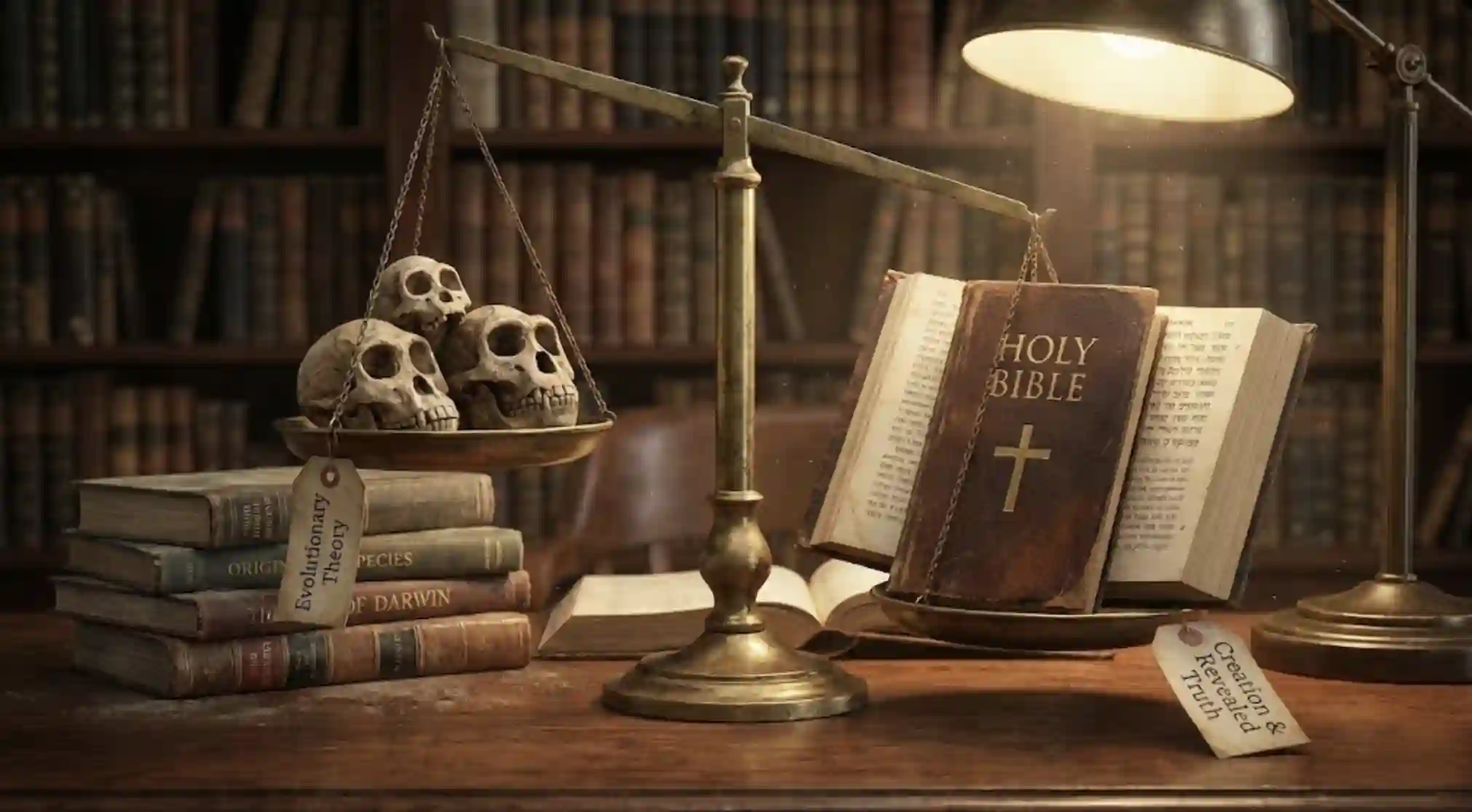 Una balanza antigua en la que una Biblia abierta pesa mucho más que un conjunto de cráneos fósiles y libros de la teoría evolutiva de Darwin.