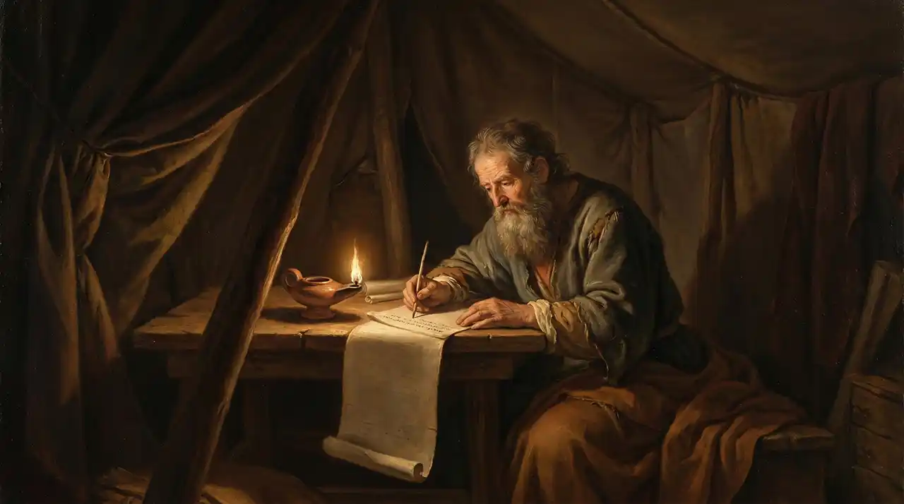 Ilustración artística de Moisés escribiendo el libro de Génesis en un pergamino antiguo dentro de una tienda en el desierto.