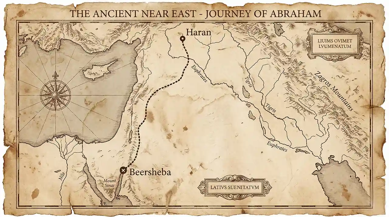 Mapa antiguo estilo pergamino que muestra la ruta del viaje de Jacob desde Beerseba hasta Harán en el Cercano Oriente.