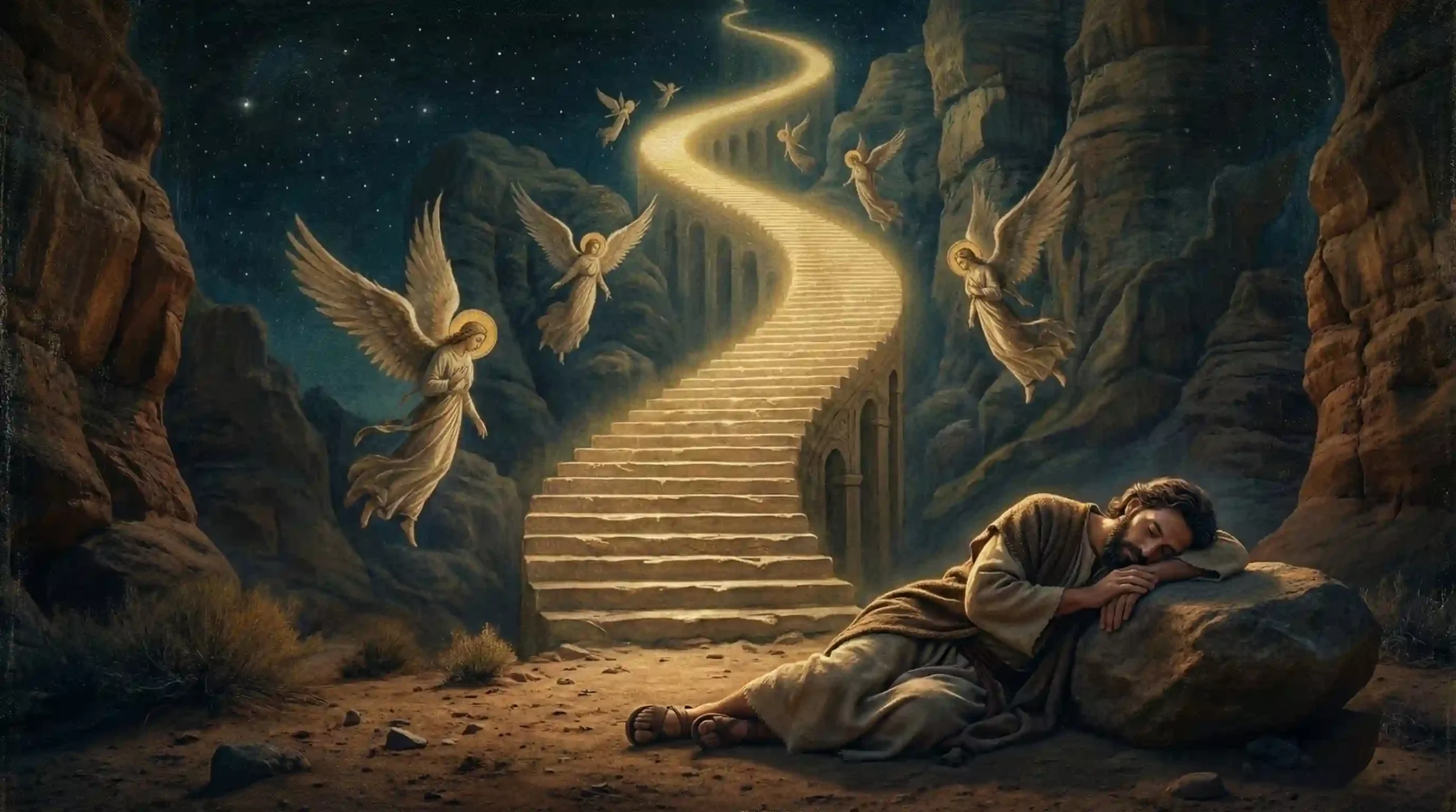 Representación bíblica de Jacob durmiendo en Bet-el y soñando con una escalera luminosa que conecta la tierra con el cielo, con ángeles subiendo y bajando.