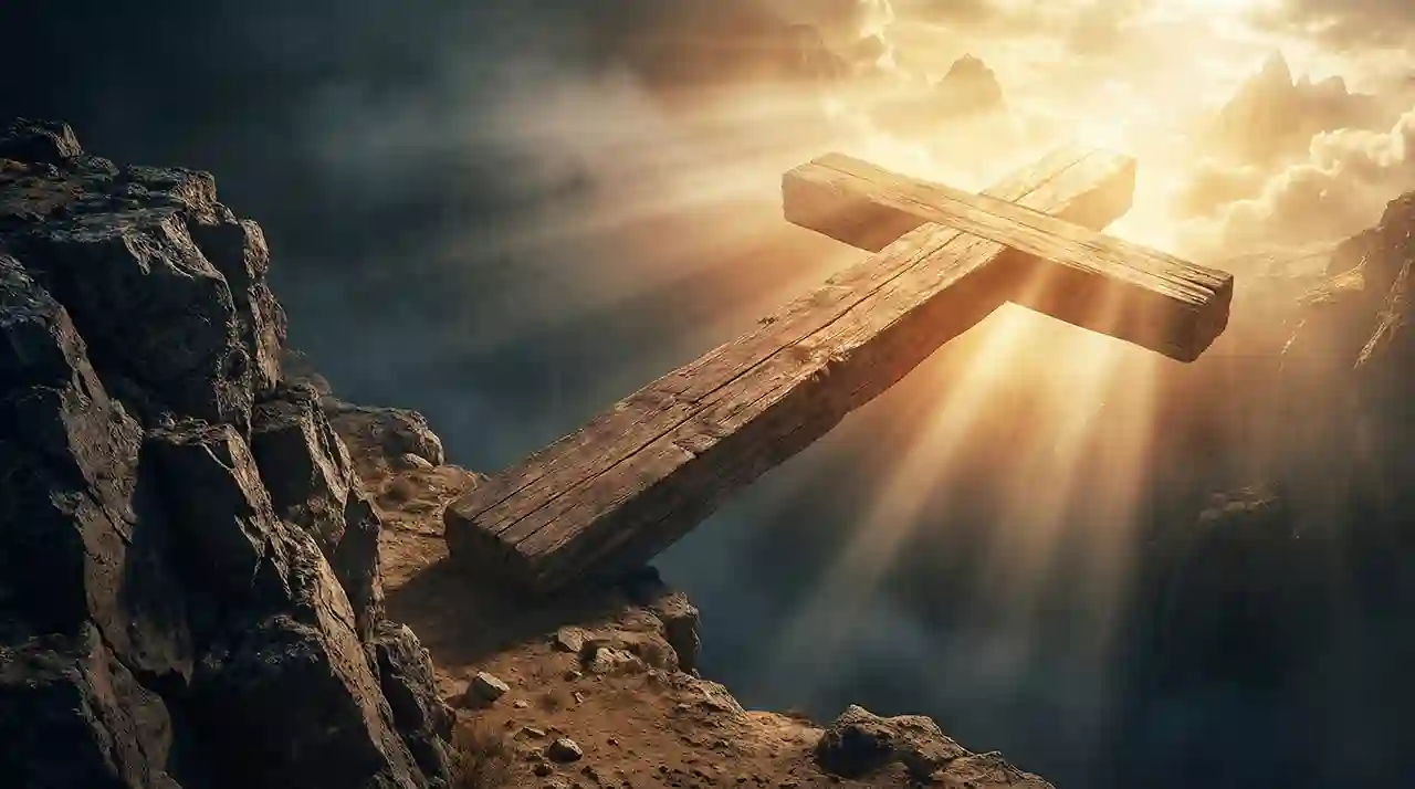 Ilustración conceptual de la Cruz de Cristo actuando como un puente de madera sobre un abismo oscuro, conectando la tierra con la luz del cielo.