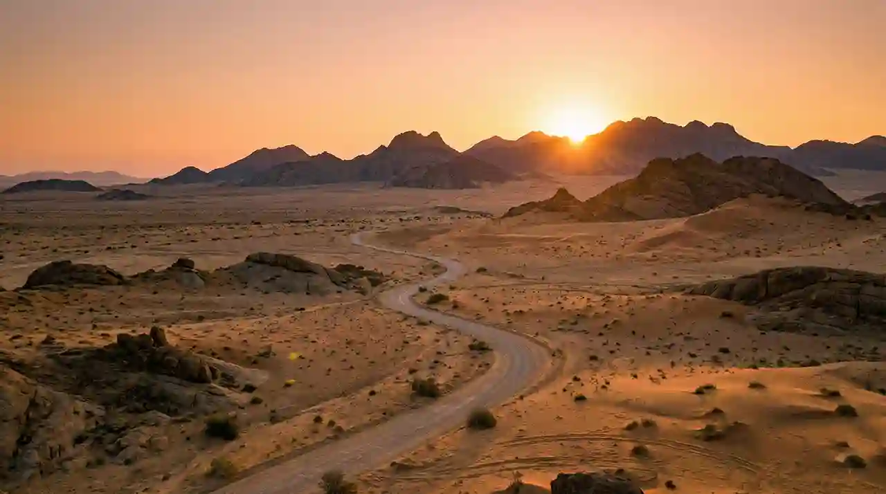 Paisaje inspirador de un camino en el desierto iluminado por un amanecer dorado en el horizonte.