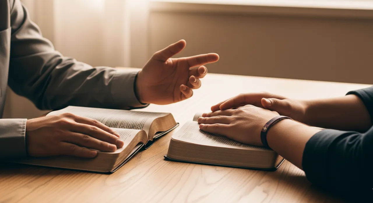 Un pastor o consejero explicando un pasaje de la Biblia a una persona joven que escucha atentamente, en un contexto de discipulado sobre la fe y la sexualidad.