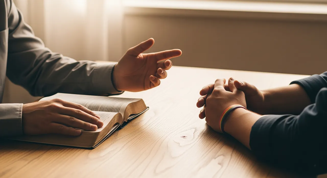 Dos personas sentadas a una mesa de madera; una con las manos sobre una Biblia abierta y la otra con las manos entrelazadas y una pulsera con los colores del arcoíris.