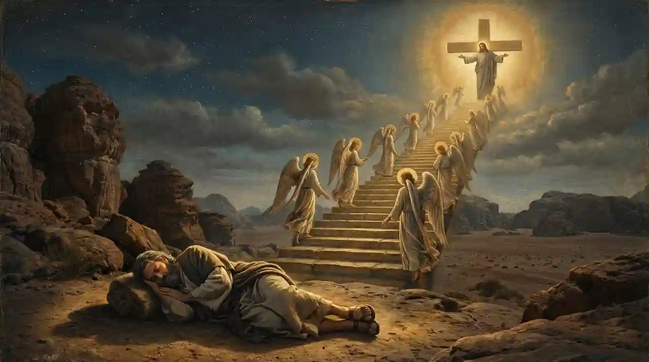 Ilustración artística del sueño de Jacob en Génesis 28, mostrando una escalera de luz que conecta la tierra con el cielo y ángeles subiendo y bajando, simbolizando a Jesucristo como el único mediador.