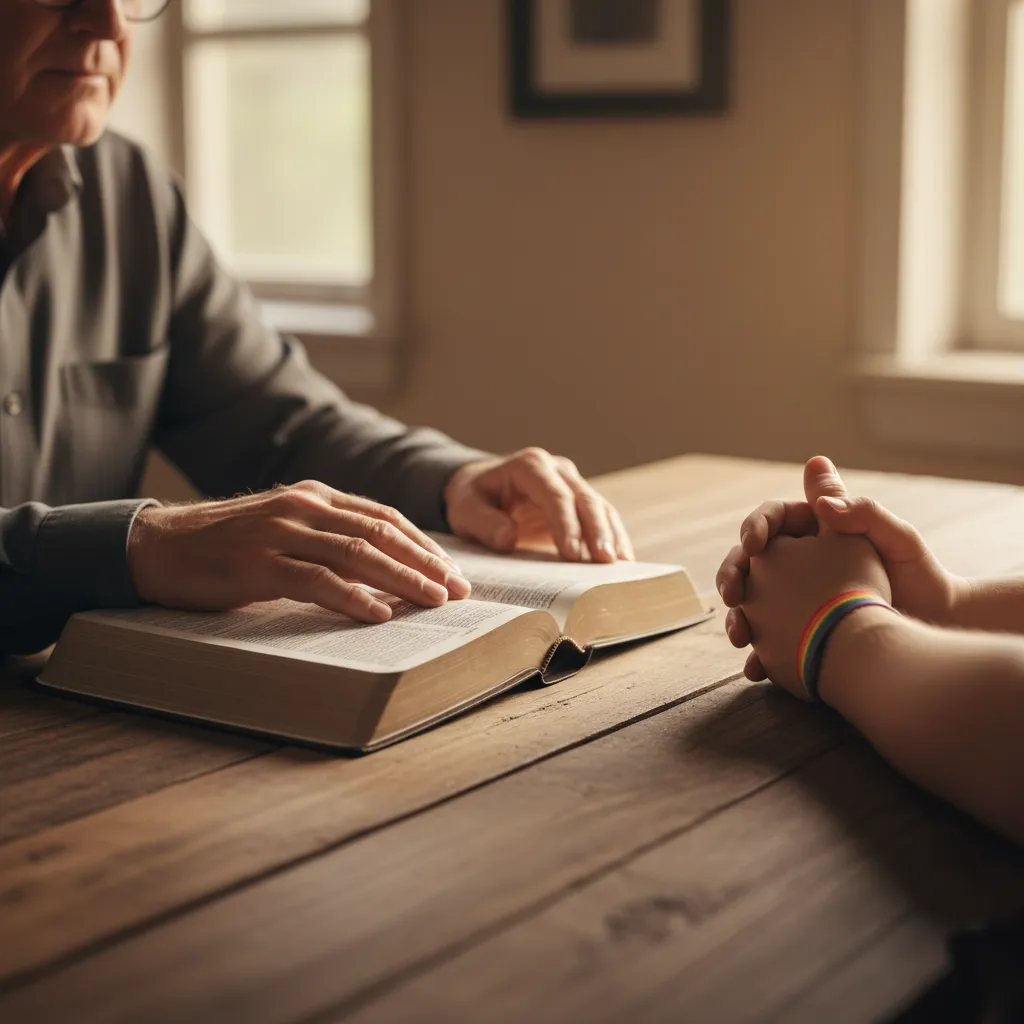 Dos personas conversando sobre la homosexualidad, una con una Biblia y la otra con una manilla de arcoíris, simbolizando un diálogo de verdad con amor.