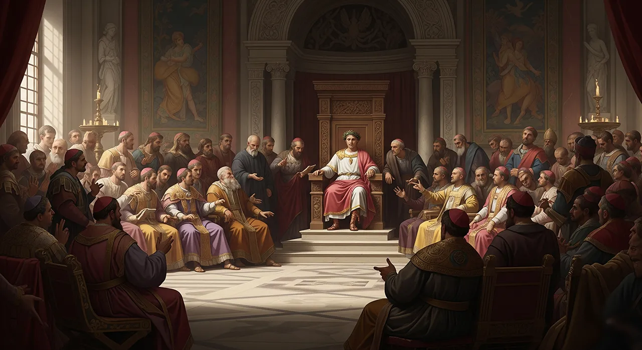 Pintura al óleo del emperador Constantino presidiendo el debate de los obispos en el Concilio de Nicea.