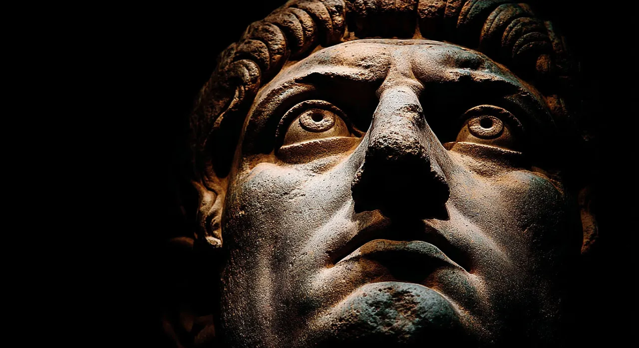 Primer plano de la cabeza de una estatua de bronce del emperador Constantino, con iluminación dramática y la mirada hacia arriba.