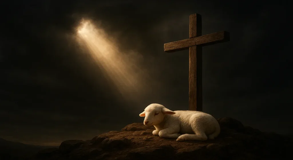 Un cordero blanco sin mancha yace al pie de la cruz, simbolizando el sacrificio de Cristo y la expiación bíblica.