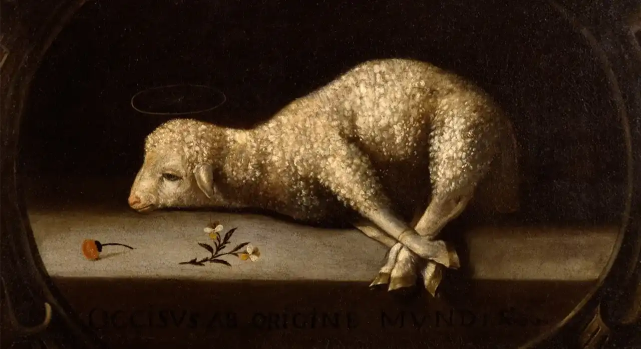 Pintura clásica del Cordero de Dios sacrificado, simbolizando que la expiación de Cristo fue decretada para los elegidos desde la eternidad.