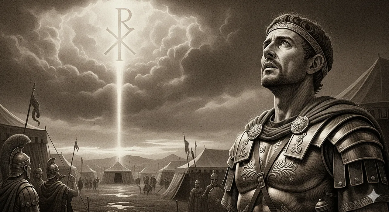 Emperador Constantino con armadura viendo el símbolo del Crismón en un cielo tormentoso. Estilo grabado antiguo.