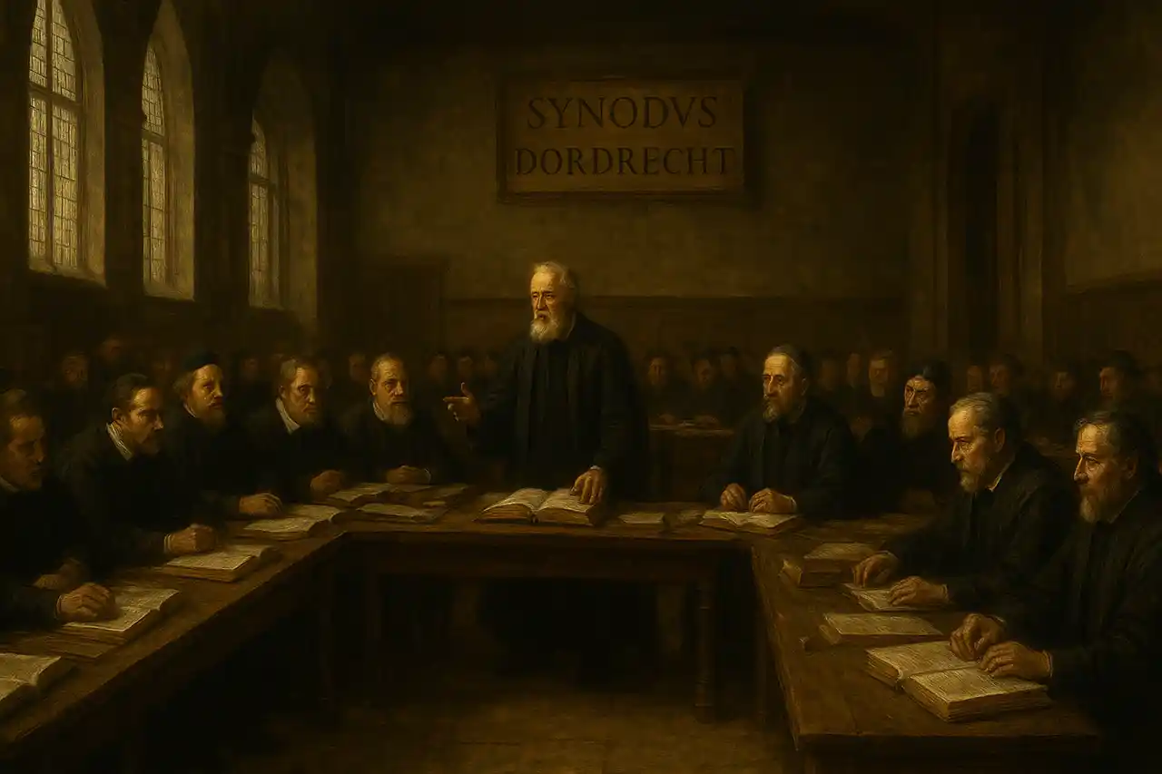 Pintura histórica del Sínodo de Dort, donde se debatieron los cinco puntos del calvinismo, incluyendo la doctrina de la expiación limitada.