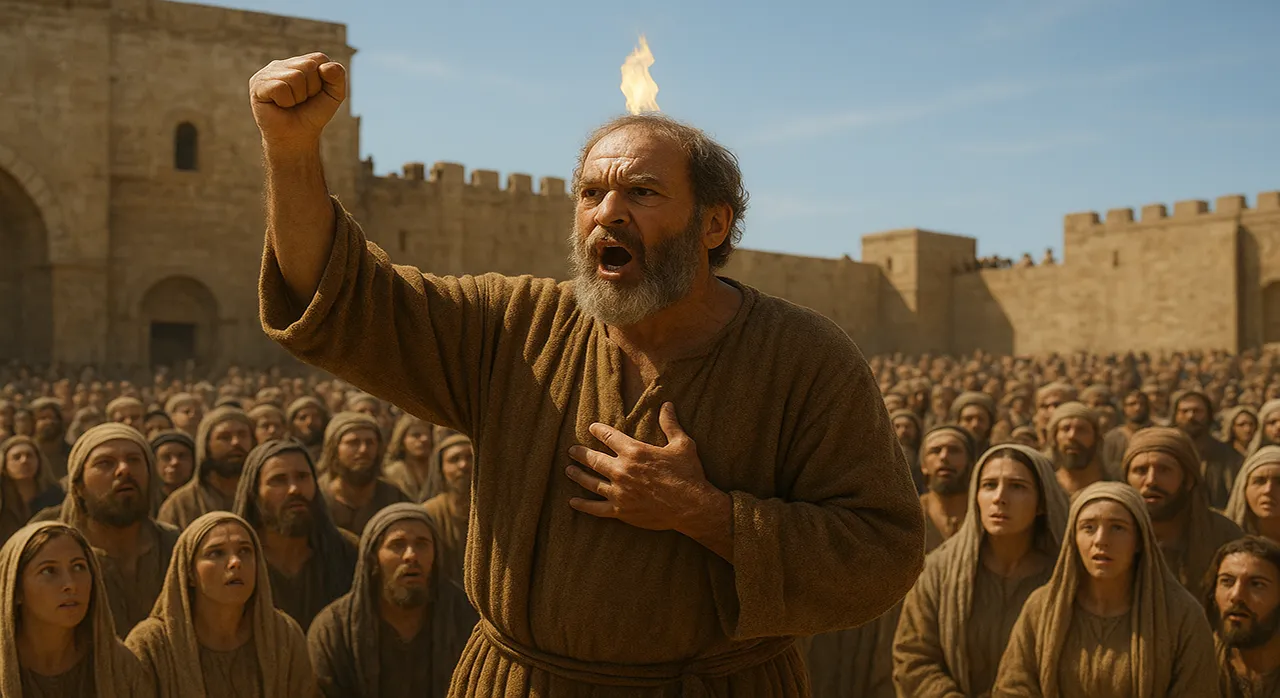 Representación del apóstol Pedro predicando con denuedo y poder a la multitud en Jerusalén el día de Pentecostés.