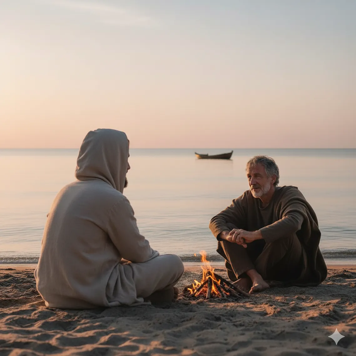 Jesús resucitado restaurando a Simón Pedro junto a una hoguera en el Mar de Galilea, después de su negación.