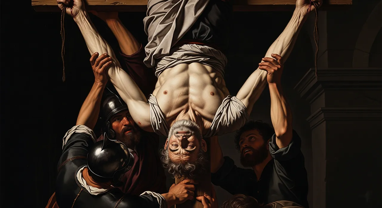La crucifixión invertida del apóstol Pedro en Roma, un testimonio final de su fe y devoción a Cristo.