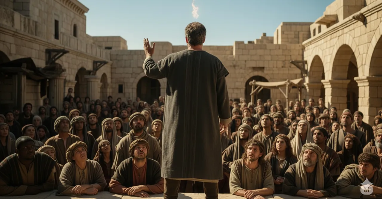 El apóstol Pedro predicando con denuedo y poder a la multitud en Jerusalén el día de Pentecostés, con una llama del Espíritu Santo sobre él.