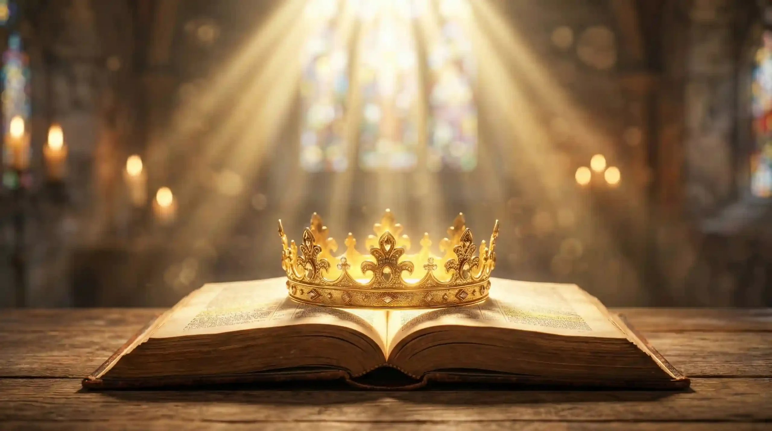 Una corona de oro brillante sobre una Biblia antigua abierta, con rayos de luz celestial descendiendo, representando el reinado y la gloria de Jesucristo en el trono.