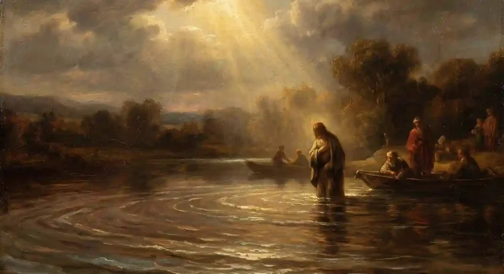 Ilustración artística estilo clásico de un río sereno iluminado por rayos de luz divina al amanecer, simbolizando el lavado espiritual y la seguridad del bautismo cristiano.