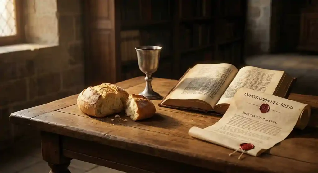 Representación artística de la Cena del Señor con elementos simbólicos de la autoridad bíblica y el Federalismo Bautista.