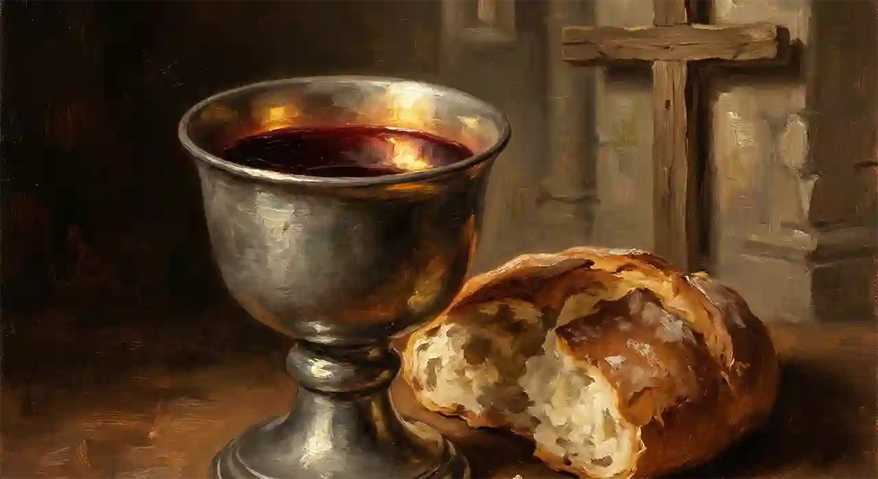 Grupo de puritanos o reformados del siglo XVII compartiendo el pan alrededor de una mesa en comunión.