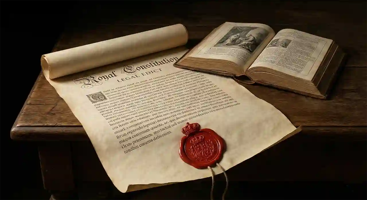 Un documento antiguo con sellos reales junto a una Biblia, representando la autoridad constitucional de Cristo.