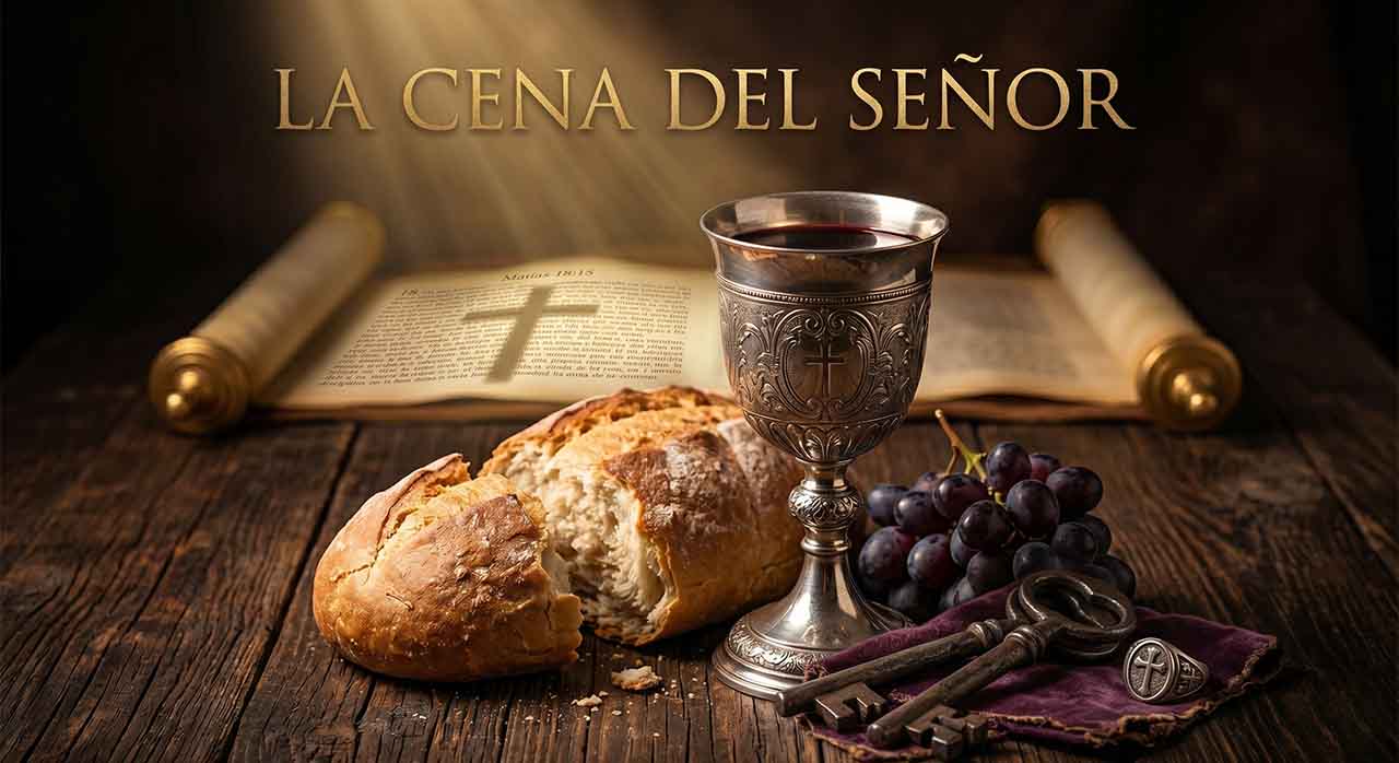 Pan partido y una copa de vino sobre una mesa rústica de madera bajo una luz cálida y solemne.